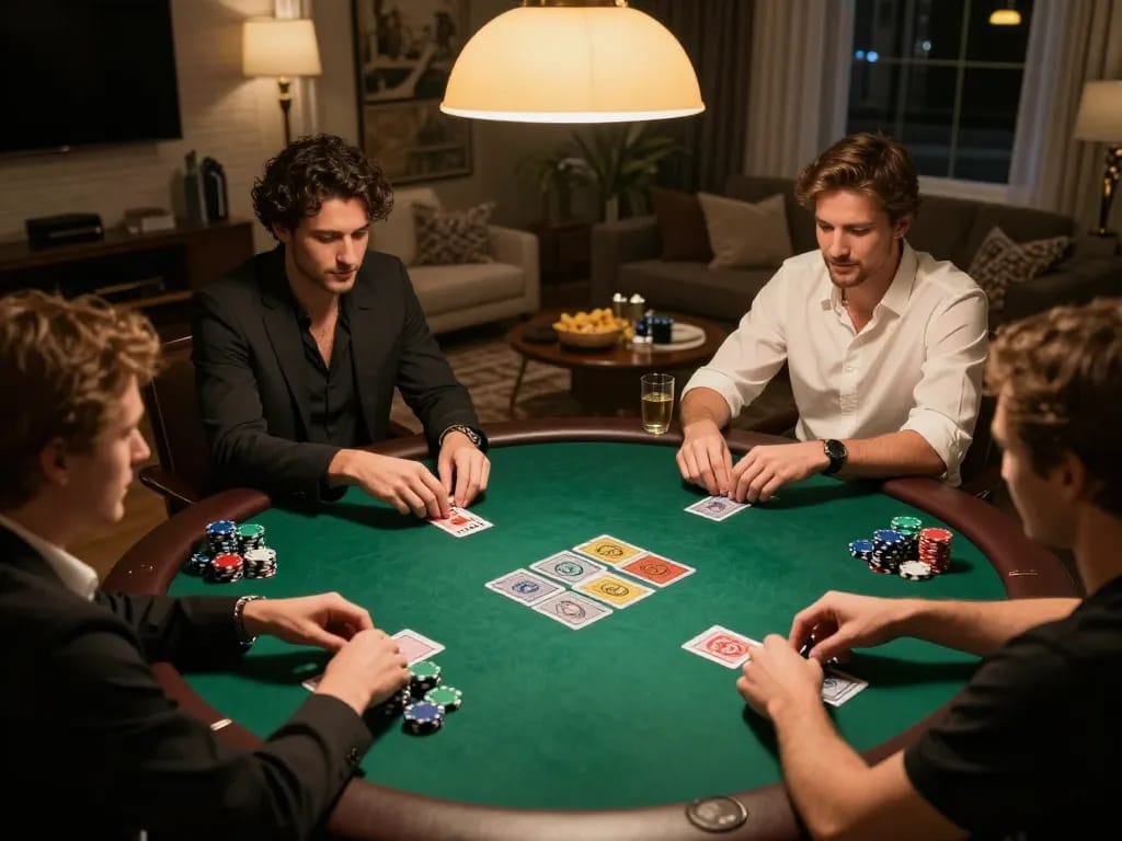 Hitclub poker night with friends enjoying a casual game of Texas Hold'em at home, showcasing the social atmosphere.