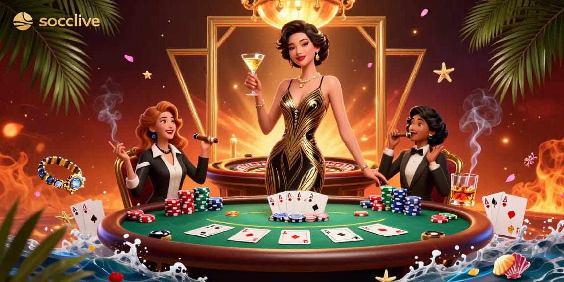 Socolive brings excitement with elegant characters celebrating victory at a vibrant poker table.