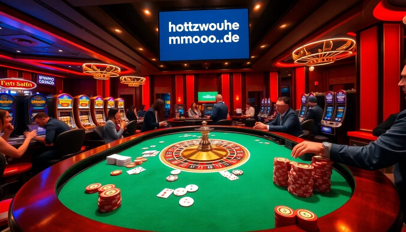 Glamorous casino scene featuring roulette and card games at https://mmoo.de.com/ with vibrant excitement.