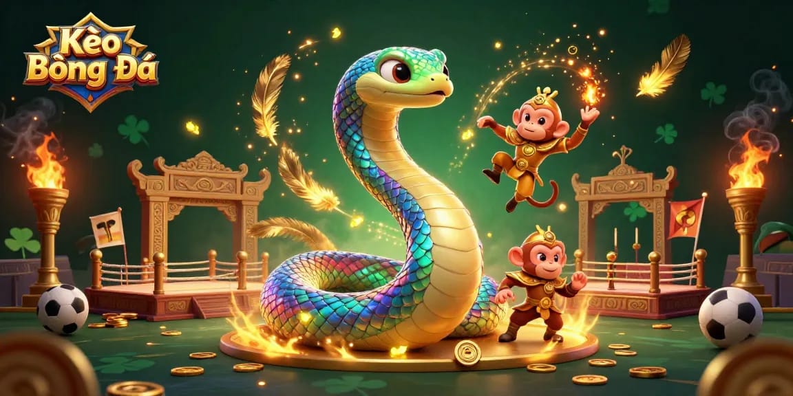 Kèo Bóng Đá engages players with a vibrant, dynamic scene of a rainbow serpent and monkey king in a sports betting arena.