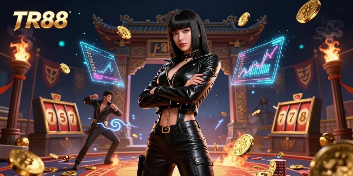 Play TR88 casino games with stunning visuals featuring a powerful character and floating crypto elements.