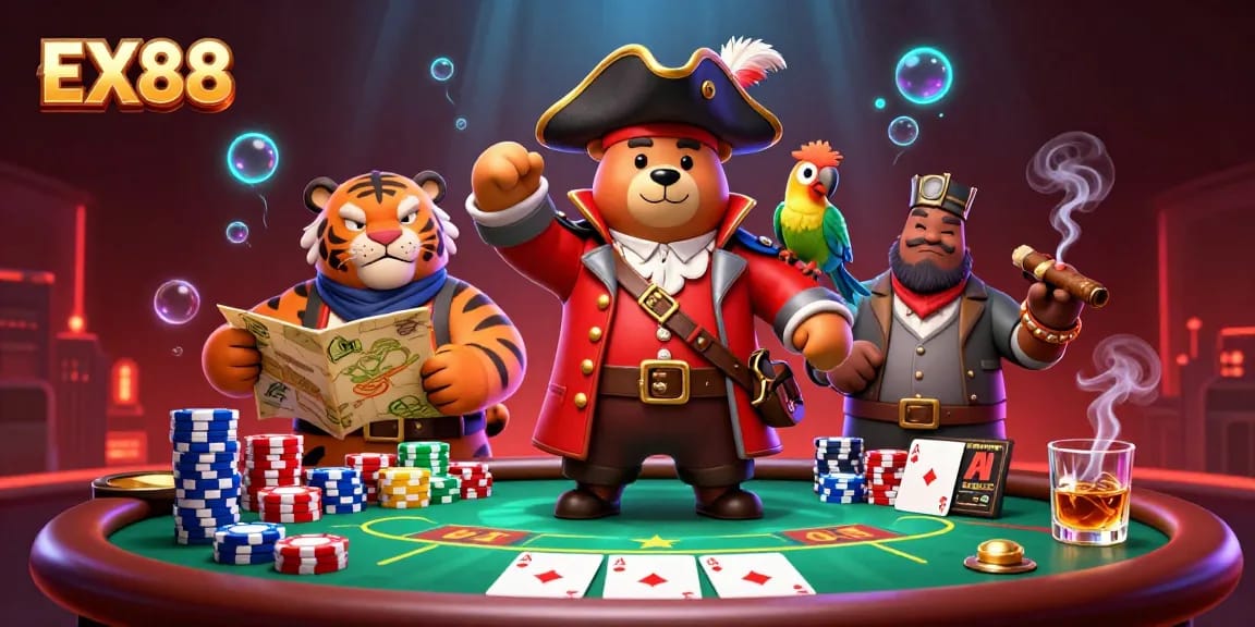 Experience thrilling poker action with EX88's cartoon characters in vibrant casino atmosphere.