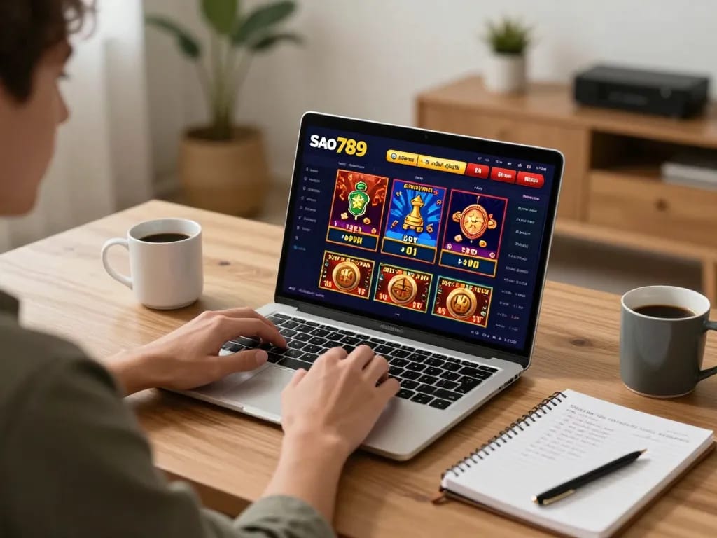 Sao789 player engaging in online gambling with live game interface displayed on laptop.