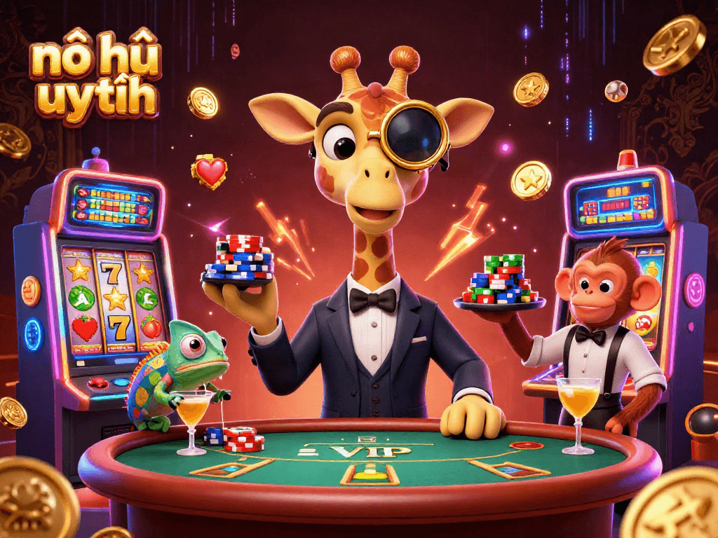 Experience nổ hũ uy tín with vibrant 3D characters enjoying a lively casino atmosphere and slot action.