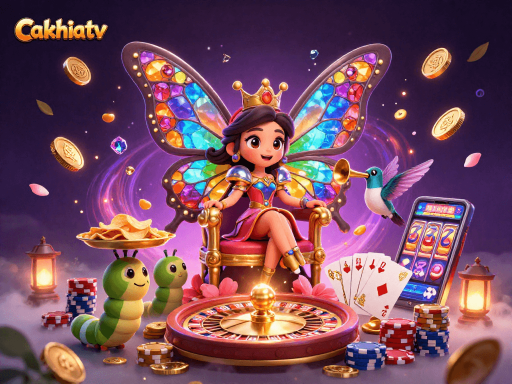 Join the fun with Cakhiatv's vibrant 3D casino scene featuring a royal butterfly queen and chips galore!