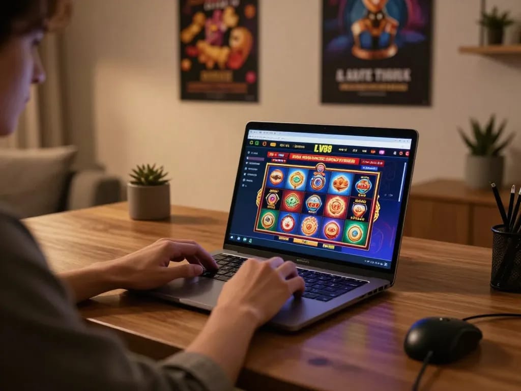 Player engaging with LV88 online casino on a laptop at home, showcasing an interactive gaming experience.