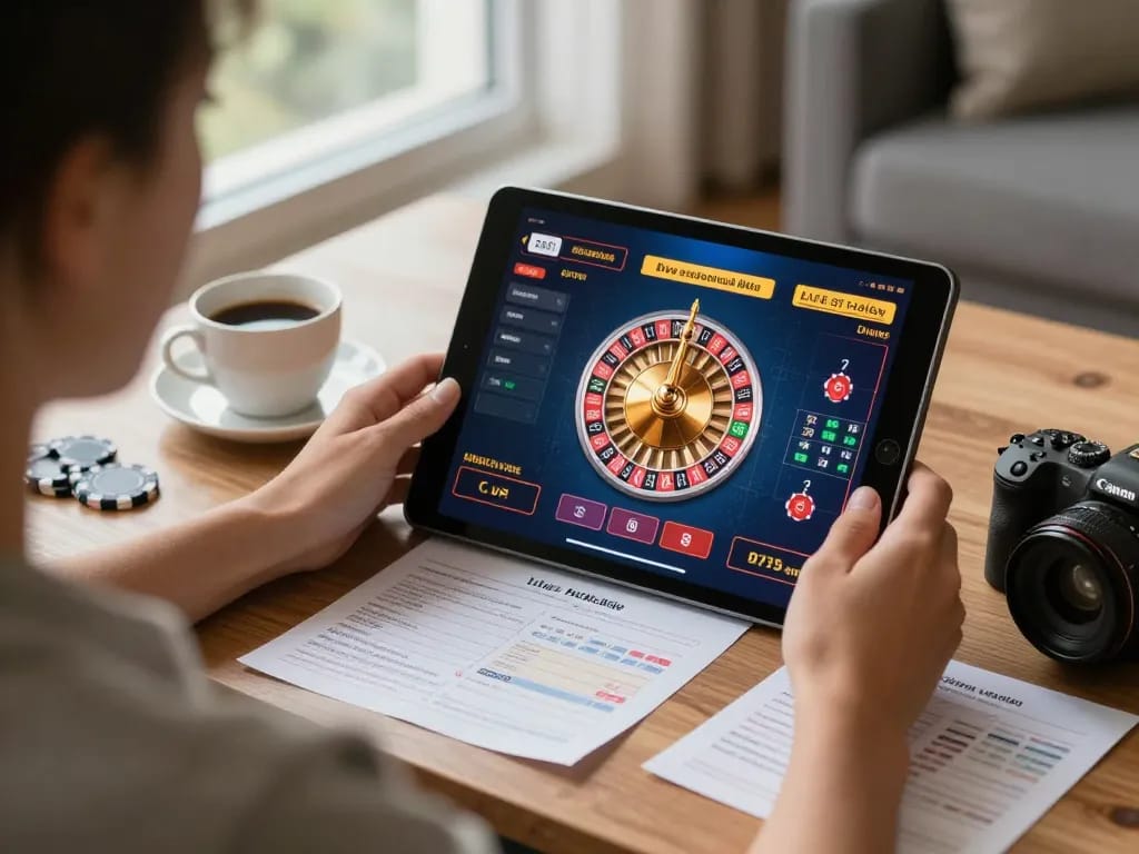 Playing roulette on max88net's live casino app, highlighting responsible gambling with budgeting notes.