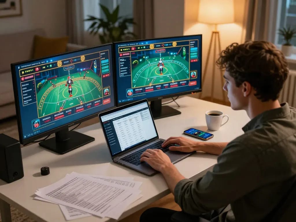 Engaging in online gambling with 89bet at a modern home gaming setup, showcasing strategy notes and apps.
