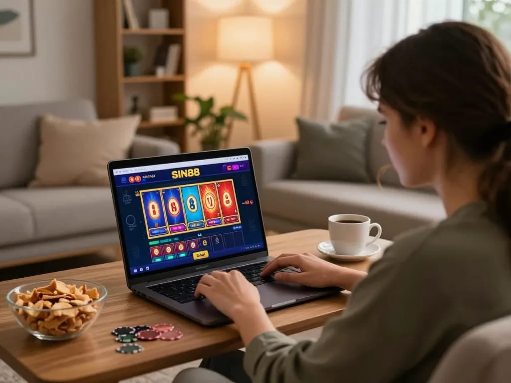 SIN88 online gaming experience with a player focused on their laptop, cozy room setting showcasing strategic play.