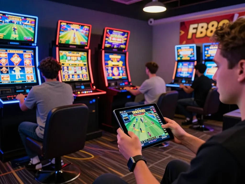 Exciting players at FB88 engaging in online gaming activities, including sports betting and slot games in a vibrant gaming lounge.