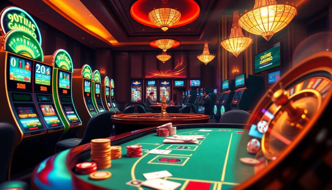 A dynamic casino scene at 88xx.co.com with poker, slot machines, and roulette, showcasing luxury and excitement.