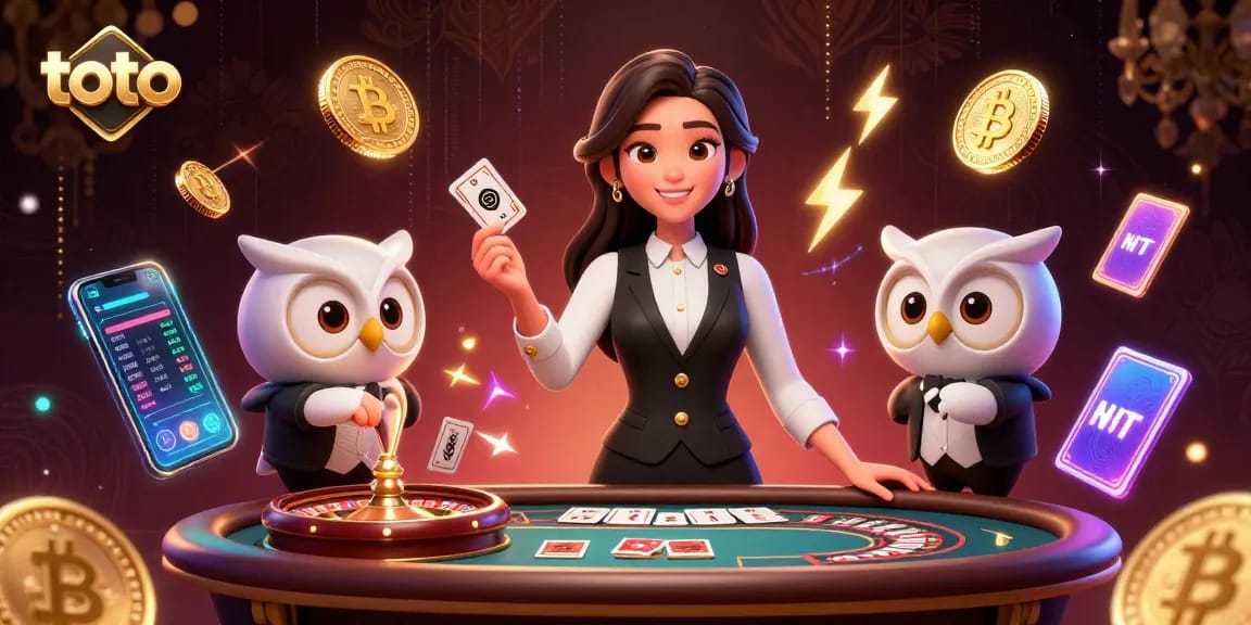 Engage in exciting toto gambling with an elegant Asian dealer at a lavish casino table.