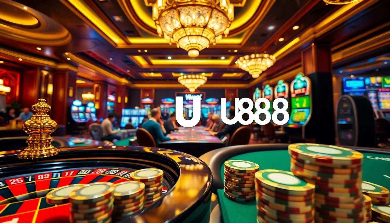 Experience the thrilling atmosphere of U888 with poker chips and roulette wheels.
