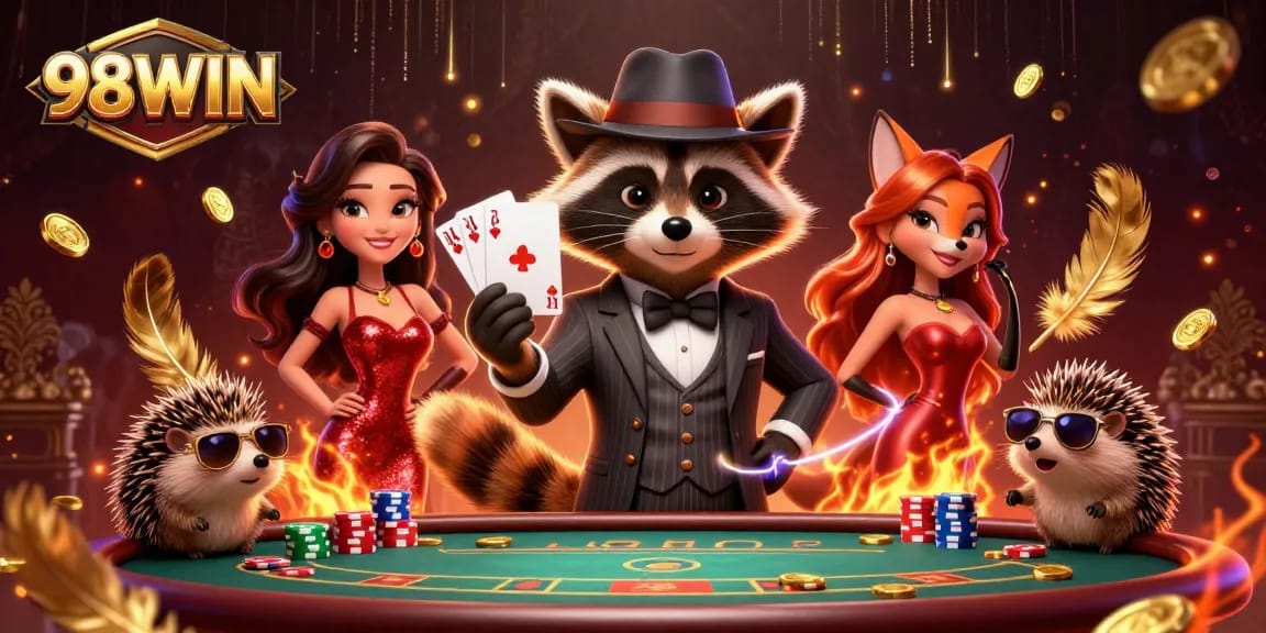 Experience thrilling poker action at 98WIN with a charming raccoon and fox in a festive scene.