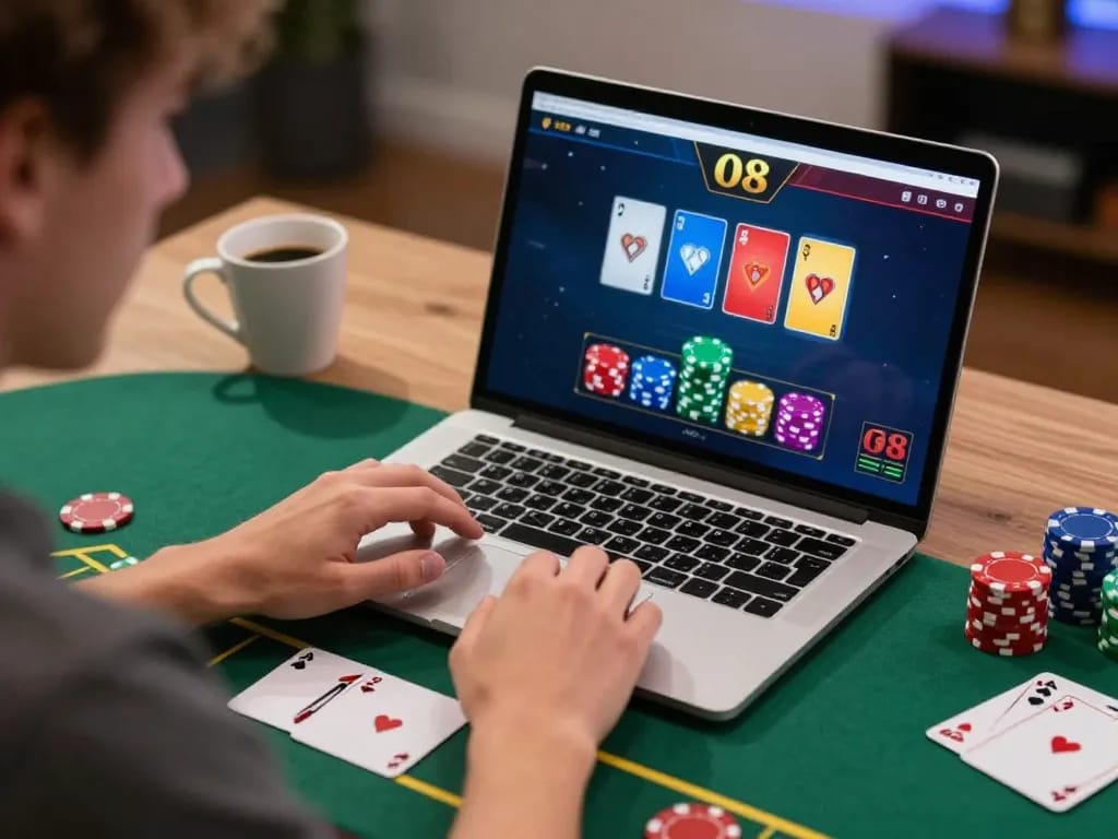 Player engaging in live dealer blackjack on O8, with colorful chips and cards displayed on laptop screen