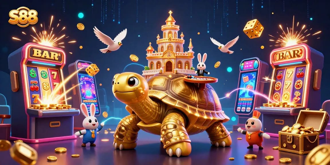 S88 players enjoy thrilling slot victories with a lively 3D casino scene featuring a golden tortoise and a rabbit dealer.