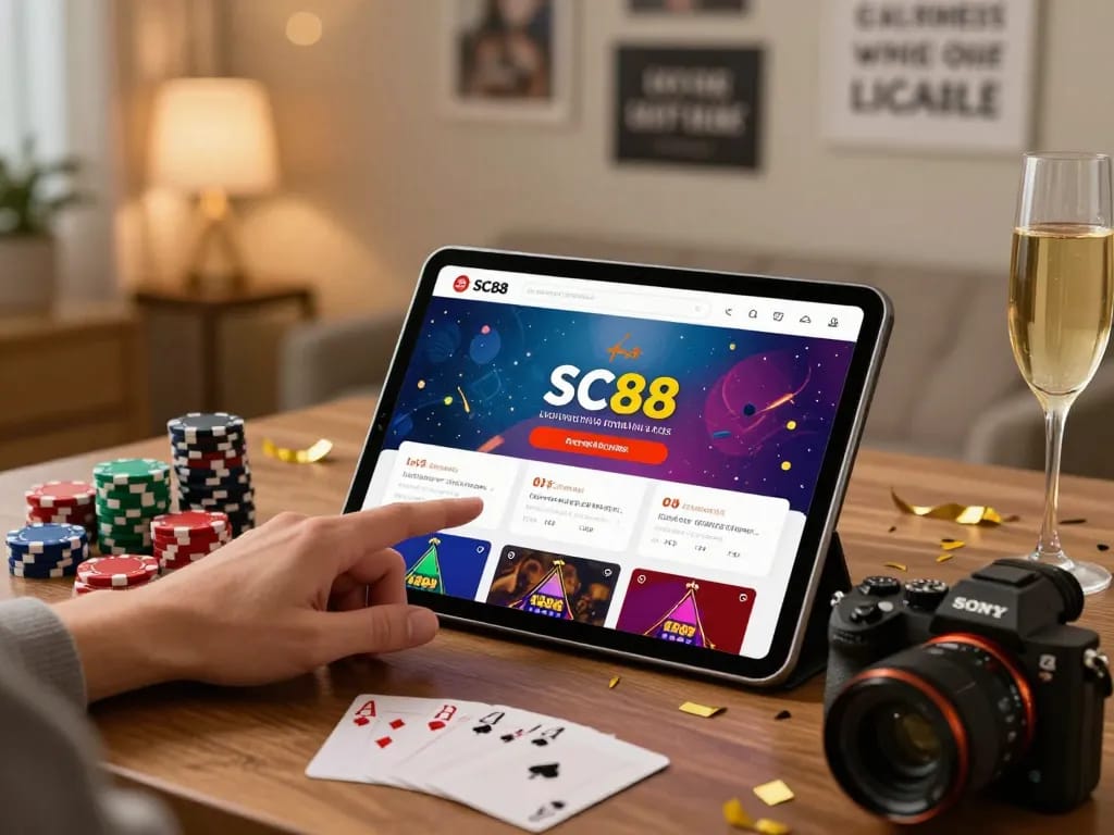Engaging SC88 online betting experience with tablet in cozy environment, showcasing modern gaming.