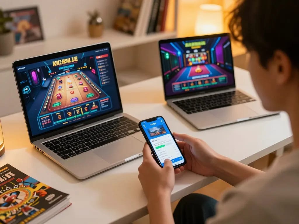 Engaging with the KKWIN app on smartphone while betting responsibly at home.