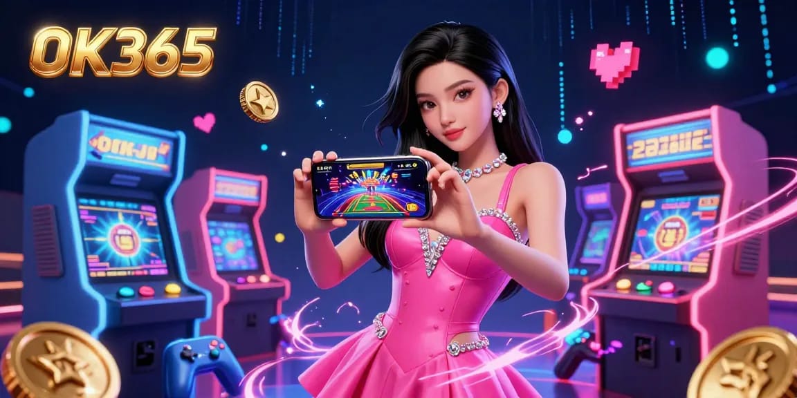 Spin and win with OK365 in a vibrant 3D casino environment, featuring live dealer games and glowing arcade machines.