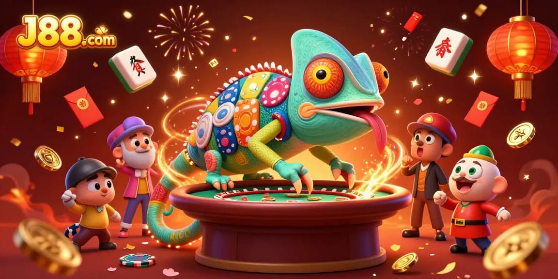 Experience thrilling games on J88.com with a vibrant chameleon casino owner and dynamic decorations.