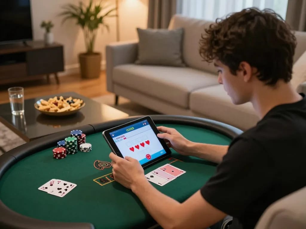 Engaging gameplay on trang chủ fun79 with warm home ambiance while playing blackjack on a tablet.