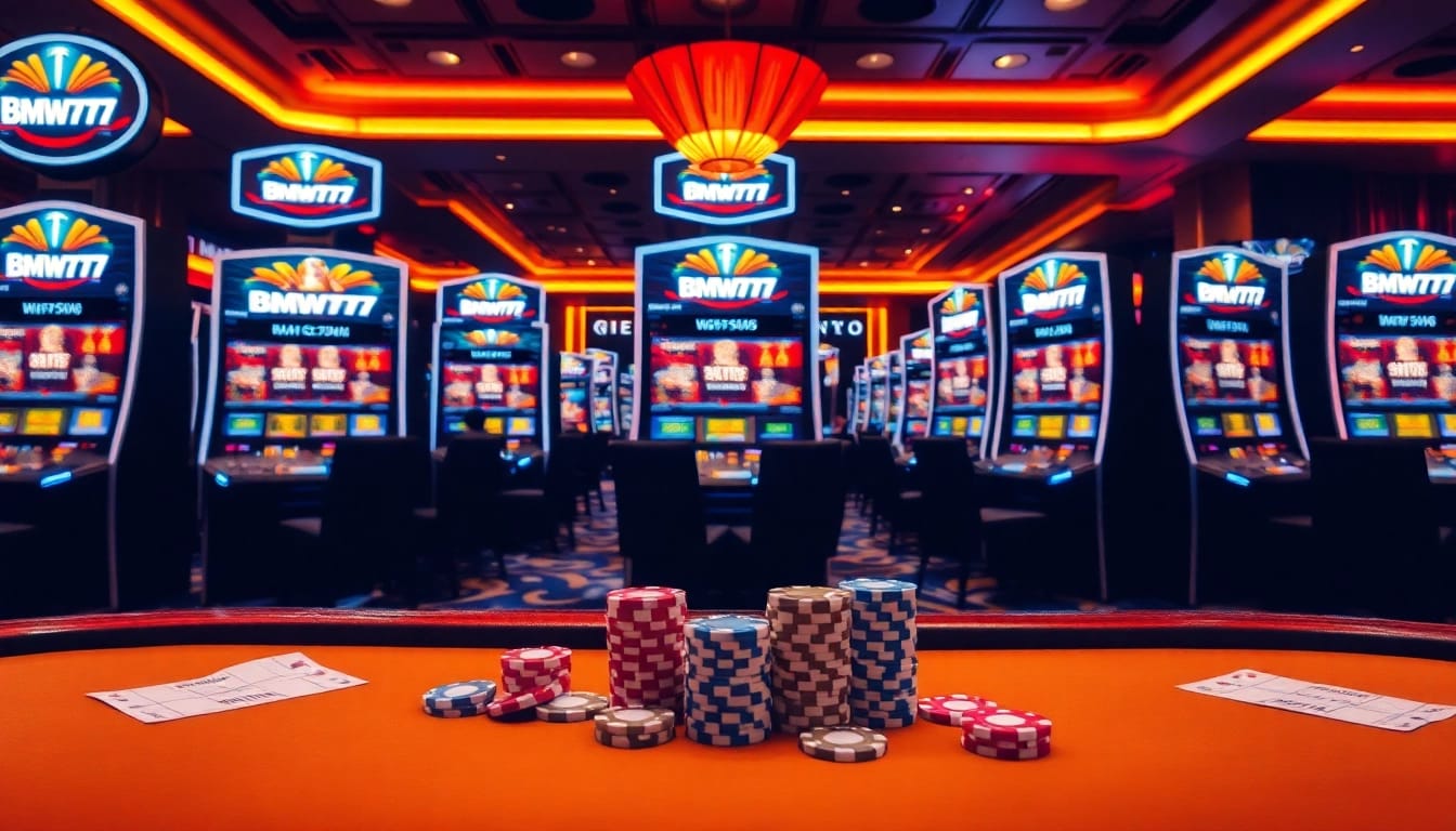 Bmw777 Daftar - Exciting casino scene featuring vibrant slot machines and poker chips.