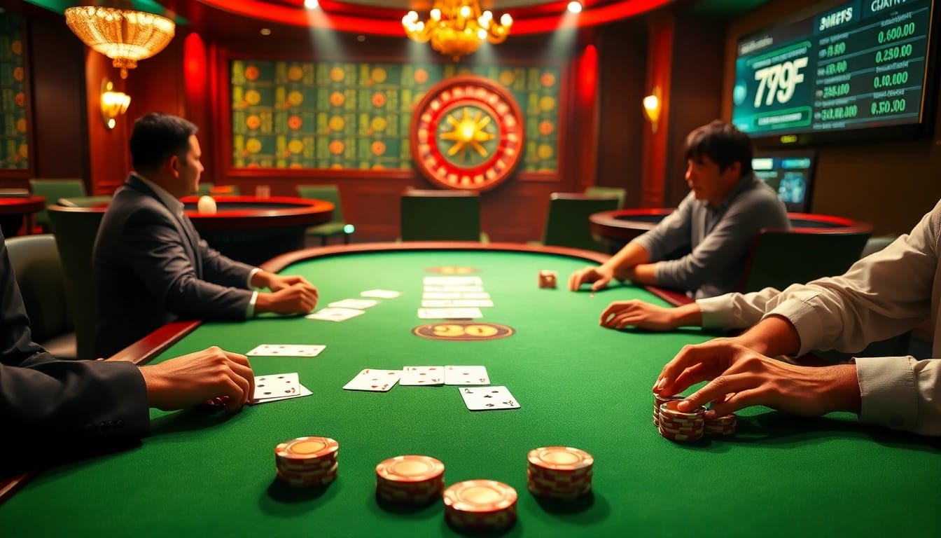 Exciting poker game scene at 789F casino featuring cards, chips, and roulette wheel.
