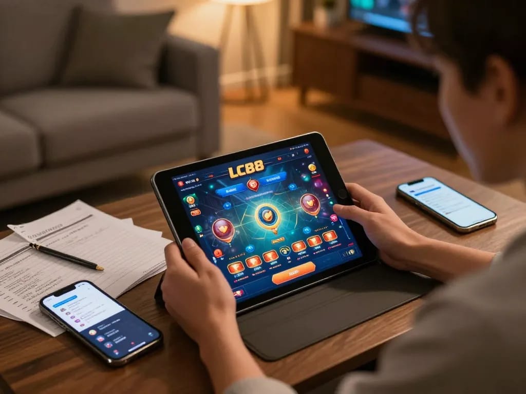 Player enjoys LC88 online gaming experience on tablet amidst cozy home setting