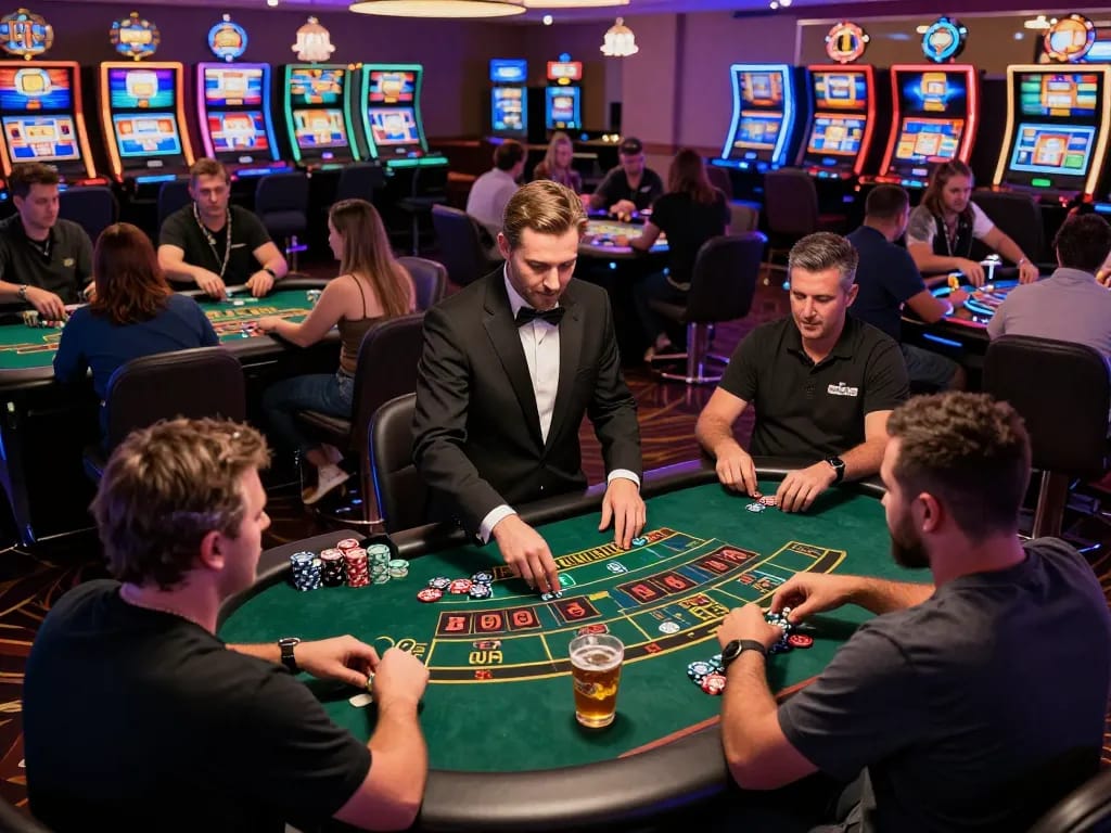 Experience the excitement of vipwin2 with players engaged in lively blackjack and roulette action in a vibrant casino atmosphere.