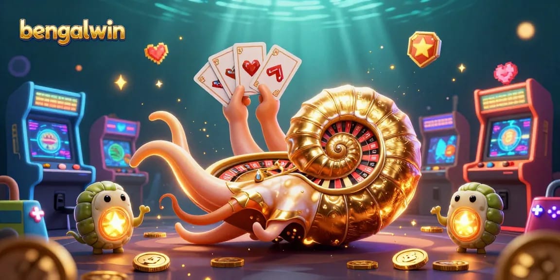 Bengalwin invites players to win in an immersive 3D casino scene filled with vibrant game elements and glowing characters.