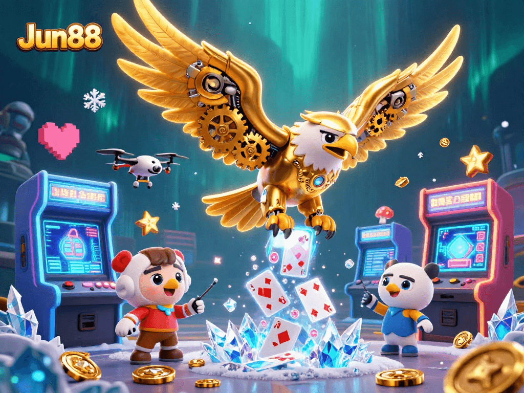 Experience thrilling gaming excitement at Jun88 with a dynamic 3D cybernetic eagle surrounded by casino elements.
