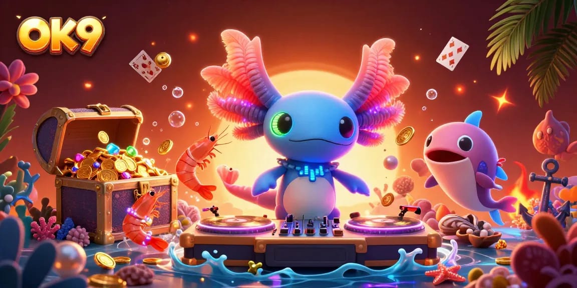 Engage with OK9's vibrant underwater casino scene featuring a neon axolotl DJ and energetic shrimp.