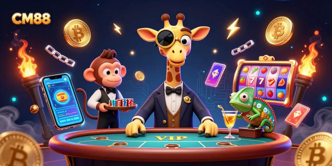 Experience the excitement of CM88 casino with vibrant games and characters in a dynamic scene.