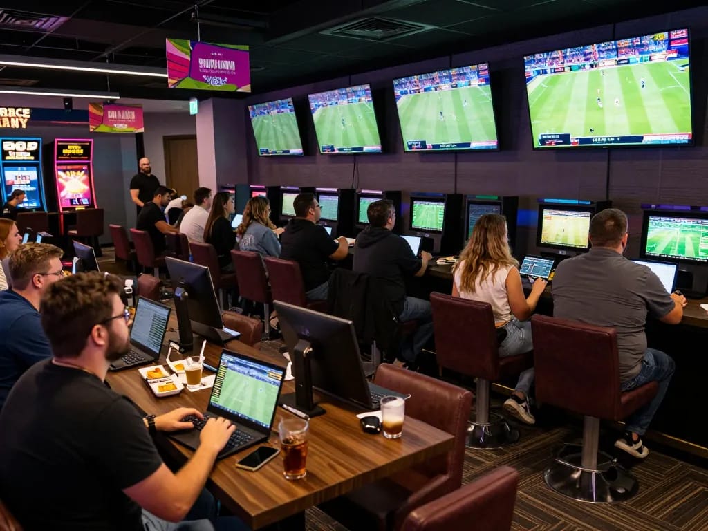 Fans engaging in sports betting strategies at a vibrant lounge, reflecting the essence of keo-nha-cai-vn