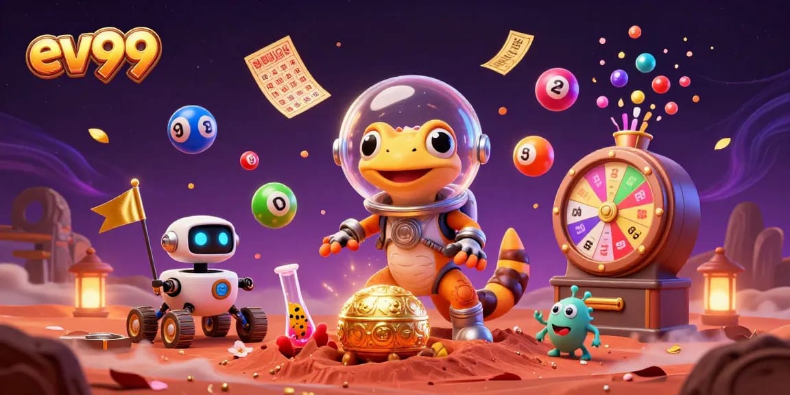 Witness the Martian gecko's thrilling discovery at ev99's golden casino, bursting with vibrant lottery elements.