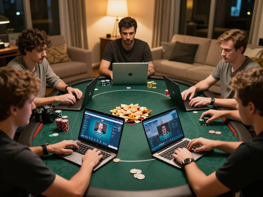 TR88 online poker game setup with engaged players discussing strategies in a warm home environment
