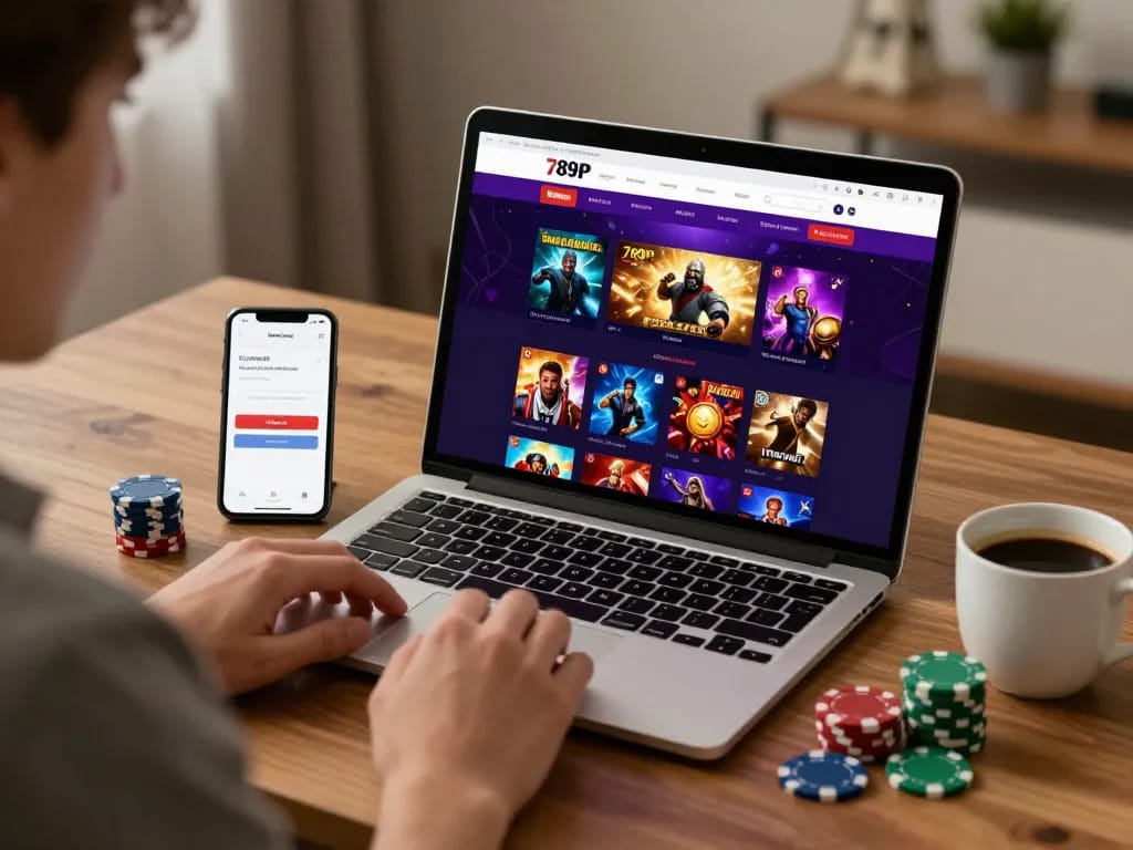 The 789P gaming platform showcased with a user interacting on a laptop, highlighting its user-friendly interface and exciting gaming options.