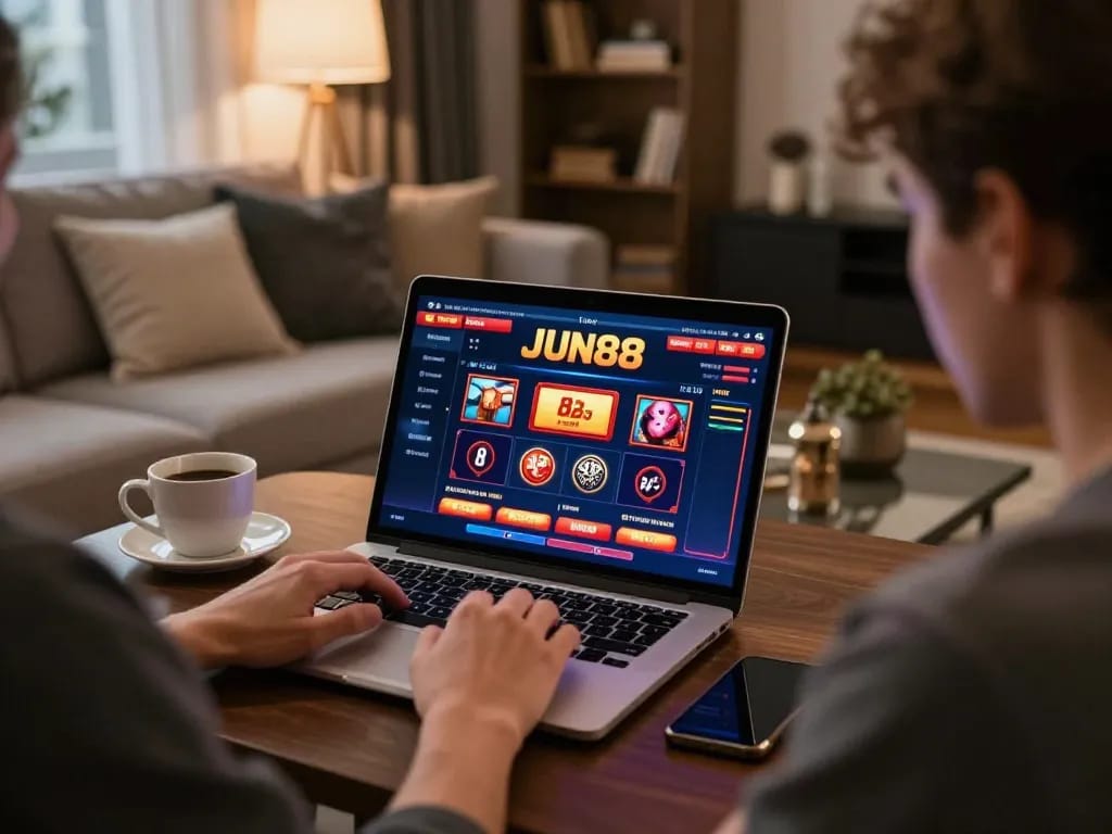 Player engaging in online JUN88 casino with laptop and smartphone in cozy living room.