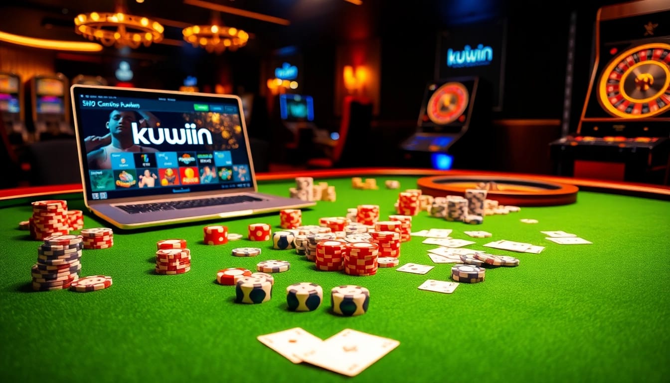 Kuwin players enjoy a thrilling experience at a luxurious casino table with poker chips and cards.