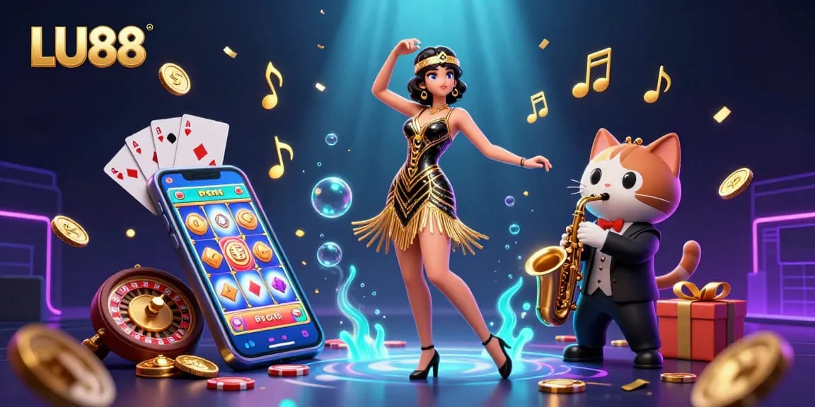 LU88 engages players with vibrant slot games and rich casino elements in a festive 3D illustration.