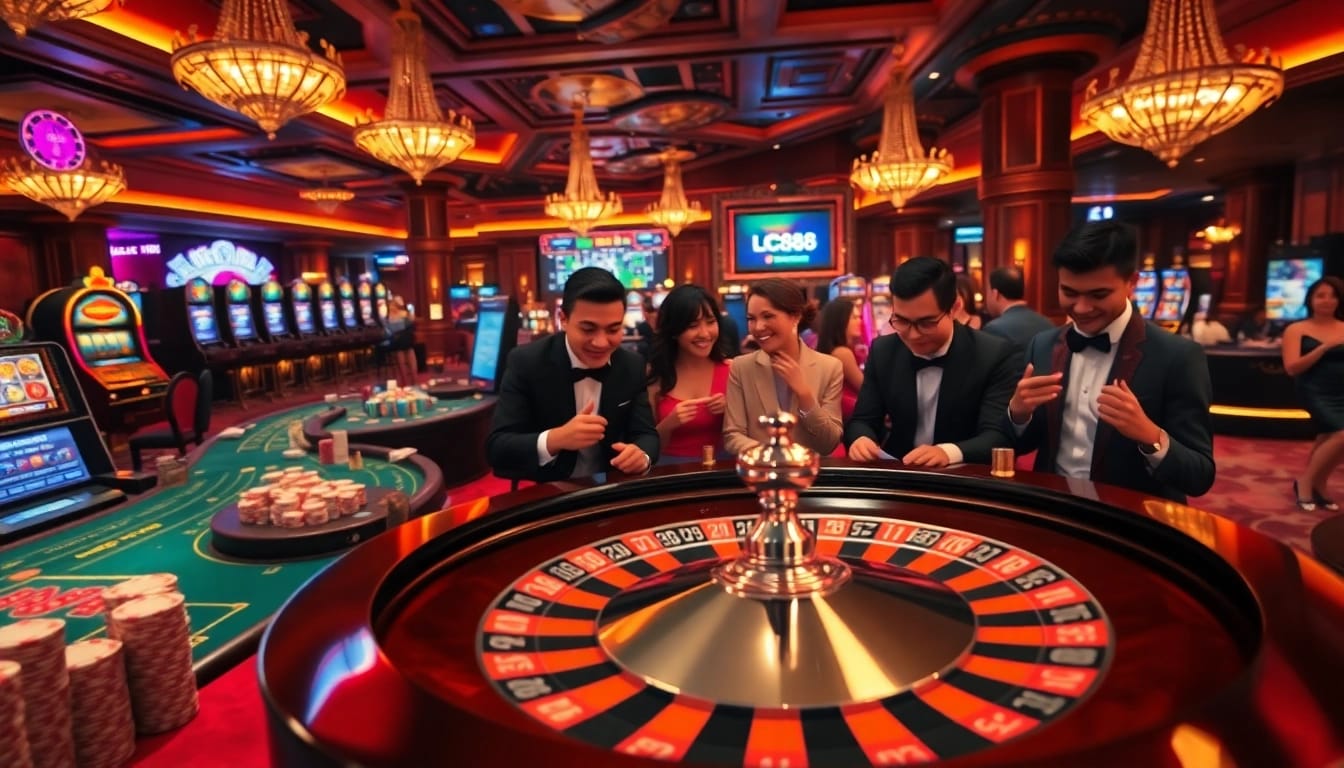 Experience the thrilling ambiance of LC88 casino with players engaged around vibrant roulette tables.