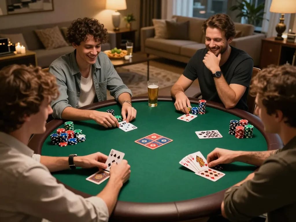 Friends playing poker at home using MMOO platform with colorful chips and cards.