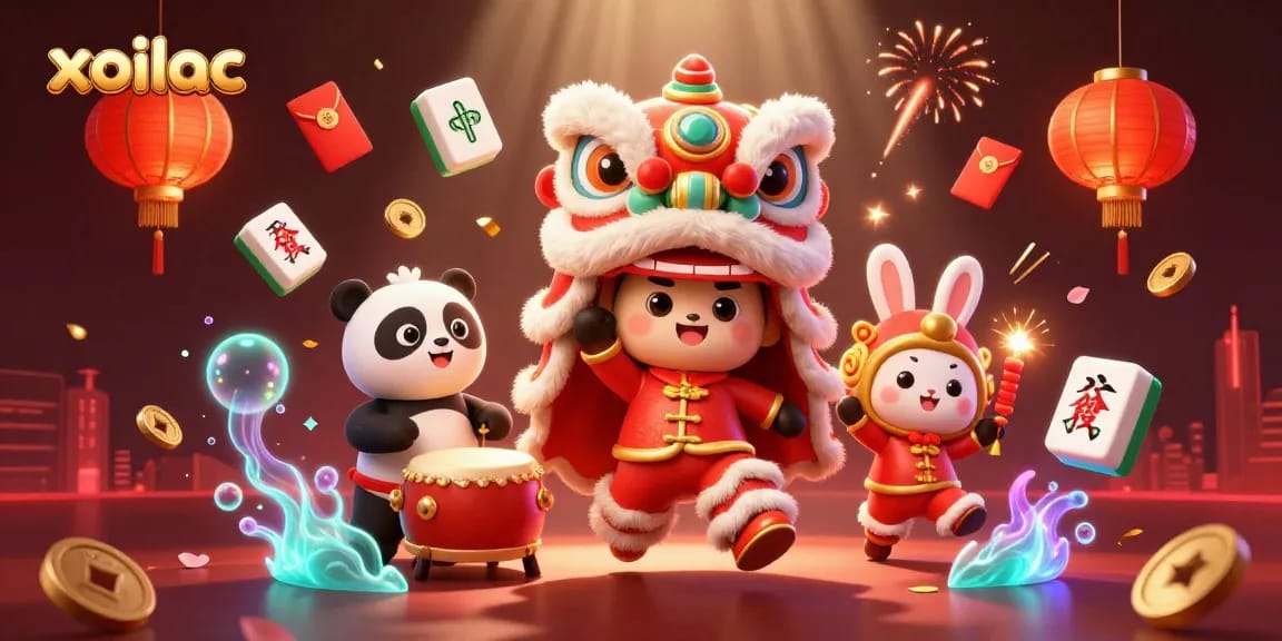 Xoilac showcases a vibrant 3D lion dance with characters amidst casino-themed elements, enriching the gambling experience.
