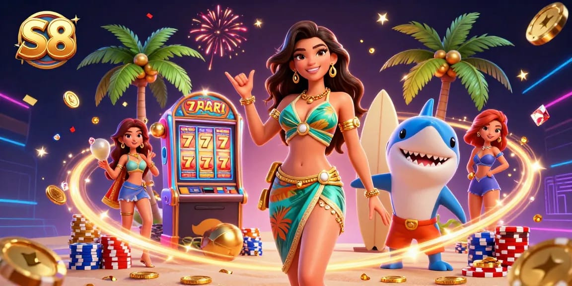 Spin the reels to win big with S8's vibrant casino illustration featuring lively characters and rich gameplay.
