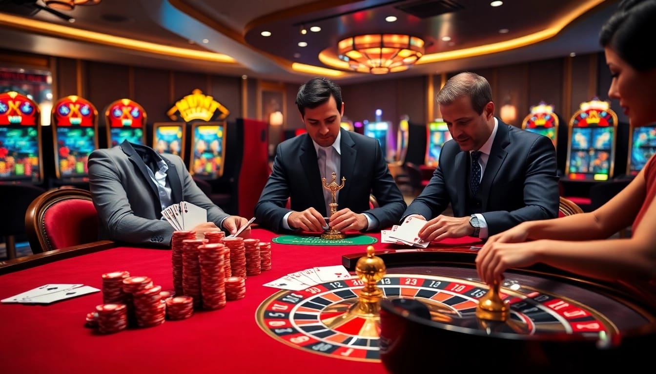 The excitement of players enjoying online gambling via https://vu88.tech/ at a luxurious casino table.