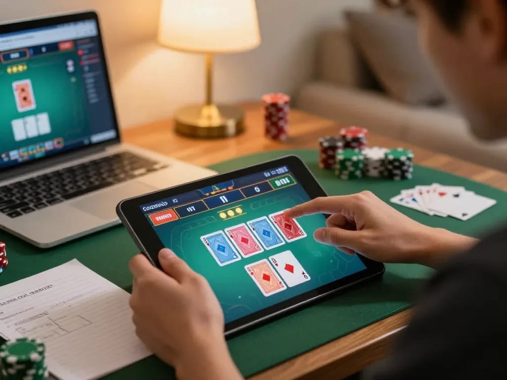 Player engaging with go86vn's online poker platform, analyzing strategic notes in a cozy home environment.