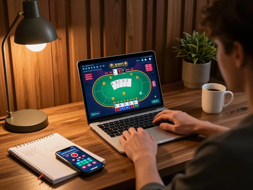 Engaged in poker gameplay, the person explores strategic options with 789WIN on a laptop.
