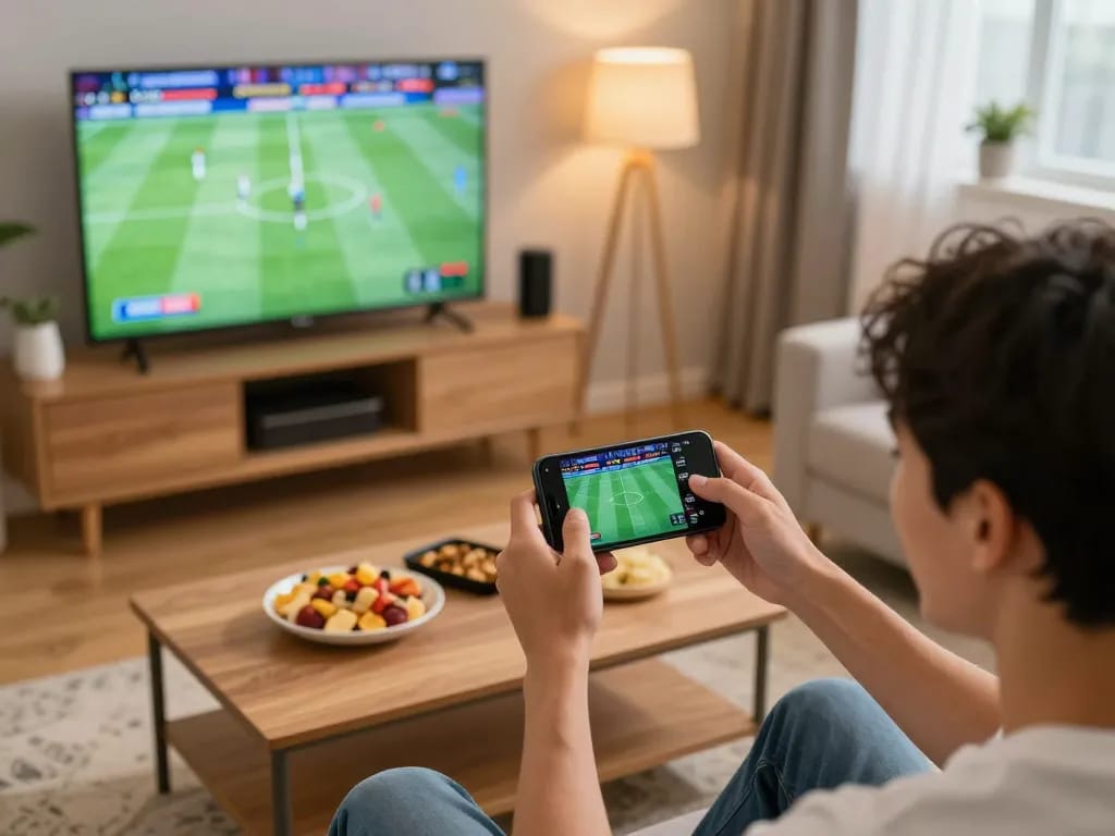 Cakhiatv user placing bets on smartphone while watching live football match at home.