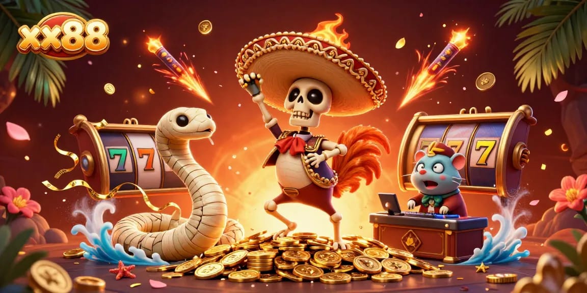 Engage with xx88 in a vibrant gaming scene featuring lively characters and slot machines.