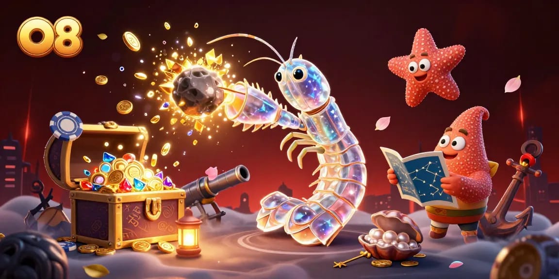 Experience thrilling gaming with O8 as a galactic mantis shrimp and starfish navigate a treasure-filled scene.